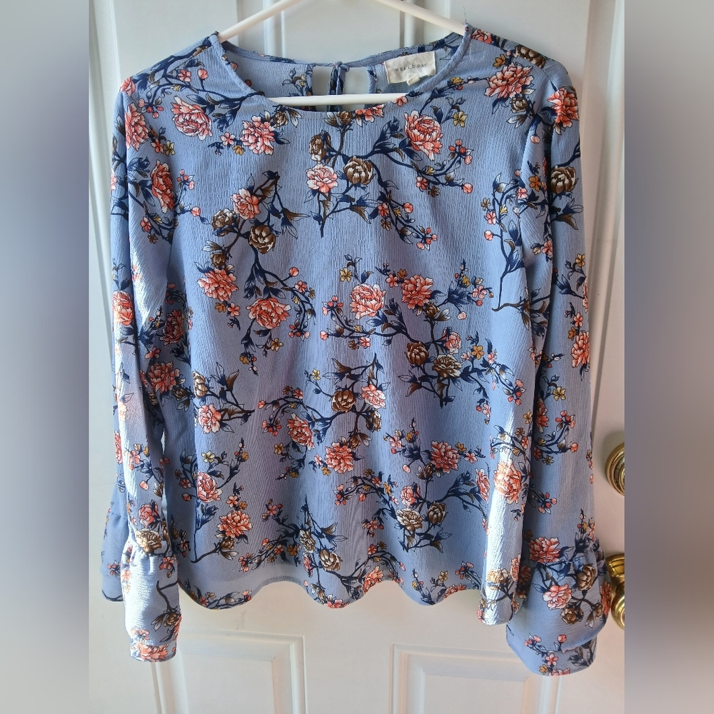 MELLODAY Blue Floral Casual Long Sleeve Top Size S